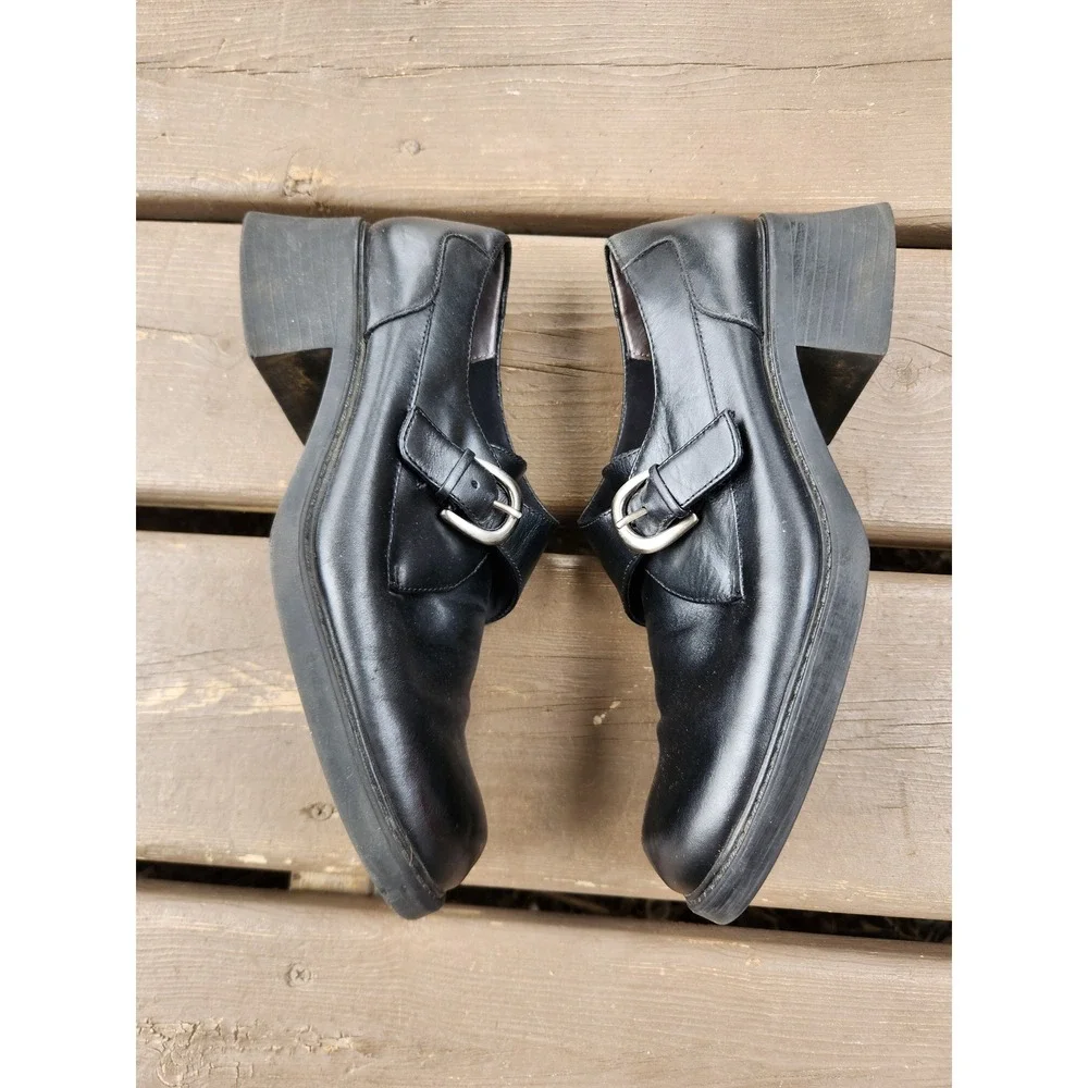 Vintage 90s y2k‎  Black Leather Chunky Block Heel Monk Strap Loafers Size 8M